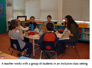 Photo of a teacher and a group of students in an inclusive class setting