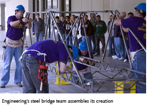 Photo of Engineering's steel bridge team assembling its entry in the College of Science and Engineering Student Project Showcase