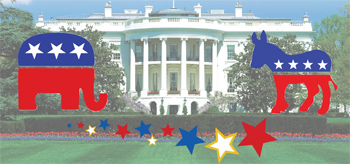 Artwork from the poster advertising San Francisco State's public lecture series: "The 2008 Presidential Election: Issues and Analysis"