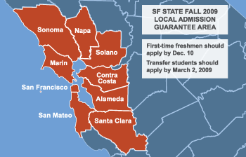 A map showing SF State's fall 2009 local admission guarantee area which includes the counties of San Francisco, San Mateo, Marin, Alameda, Contra Costa, Santa Clara, Solano, Napa and Sonoma.