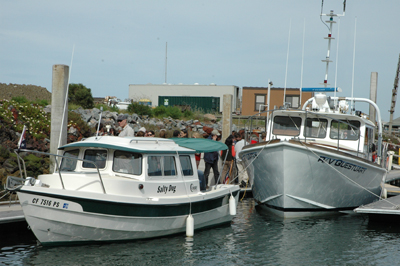 Photo of the Salty Dog with Questuary, a 33-foot modified cabin cruiser behind it.