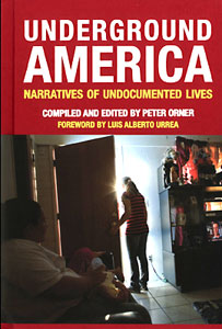 Photograph of the book jacket of "Underground America" which shows an immigrant opening a door.