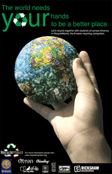 Photo of the winning Recyclemania poster that shows a hand holding a miniature Earth.