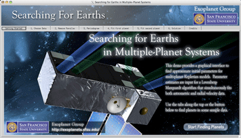 A screen shot of software designed by SF State researchers to help model multiple planet systems. Image shows the software's homepage which reads 'Searching for Earths in Multiple Planet Systems.'