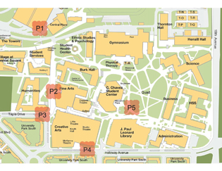 Photo of campus map showing the locations for PARK(ing) Day installations.