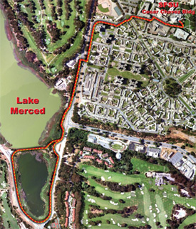 An aerial photo of the area around Lake Merced with the route of one of three healthy walks starting at SF State traced in red.