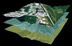 Graphic of a three-layer map/image of the San Bruno area, generated with geographical information system software. The top layer is an aerial photo. The lower two levels were created using data from LiDAR, laser technology used to measure topography, and they show the topography of the landscape with vegetation and buildings shown on the middle layer and bare ground surface shown on bottom layer. 