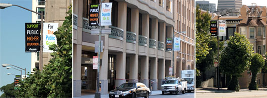 Banners atop street poles in downtown San Francisco declare on the left-hand side:  'Support public higher education' with the SFSU.edu url underneath.  There are three different phrases  on the right: 'For the public good,'  'For the strength of our state,' and 'The future depends on it'.