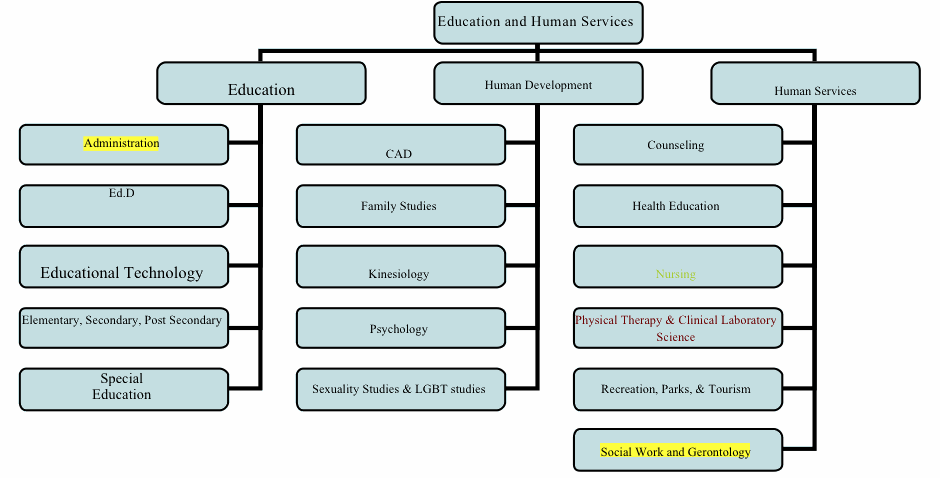 Flow chart image of proposed College of Education and Human Services encompassing the schools of Education (Admin., Ed.D., Ed. Tech., Elem./Secondary/Post-Secondary Education and Special Education), Human Development (CAD, Family Studies, Kinesiology, Psych., and Sexuality/LGBT Studies) and Human Services (Counseling, Health Ed., Nursing, Phys. Therapy/Clinical Lab. Science, Recreation/Parks/Tourism and Social Work/Gerontology)