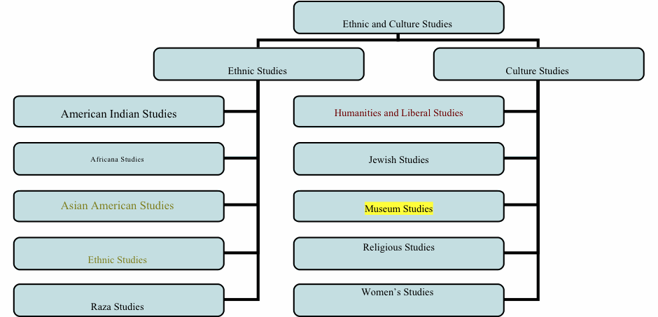 Flow chart image of proposed College of Ethnic and Culture Studies encompassing Ethnic Studies (Am. Indian Studies, Africana Studies, Asian-Am. Studies, Ehtnic Studies & Raza Studies) and Culture Studies (Humanities/Liberal Studies, Jewish Studies, Museum Studies, Religious Studies & Women's Studies)