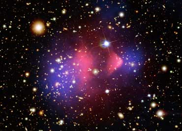 Photo of a galaxy cluster called the Bullet Cluster, which shows a night sky with many bright white and orange galaxies in the cluster and clumps of hot gas (shown in pink) and dark matter (shown in blue).
