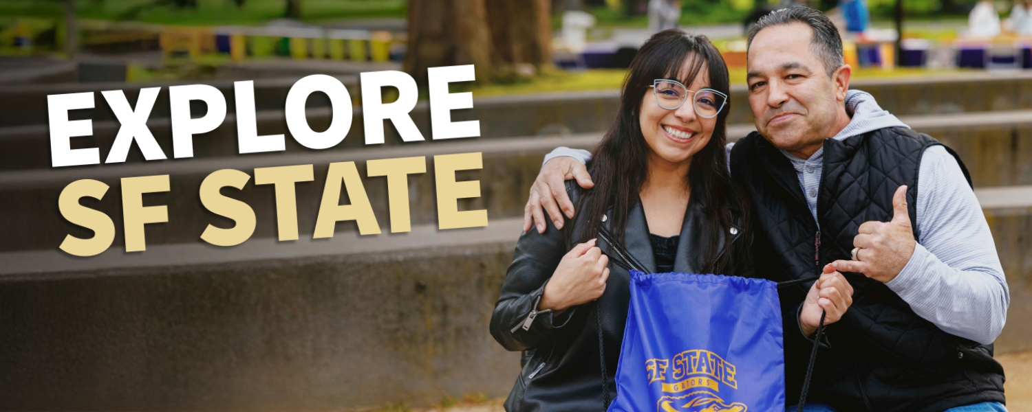 "Explore SF State" Father and daughter smiling holding SFSU purple bag
