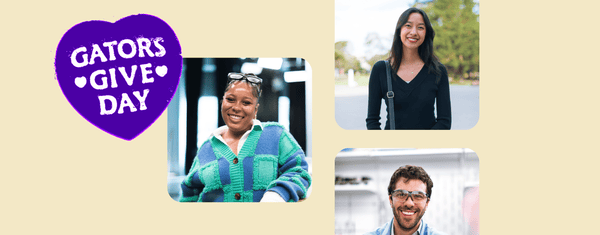 Gators Give Day Promo Image featuring three student headshots