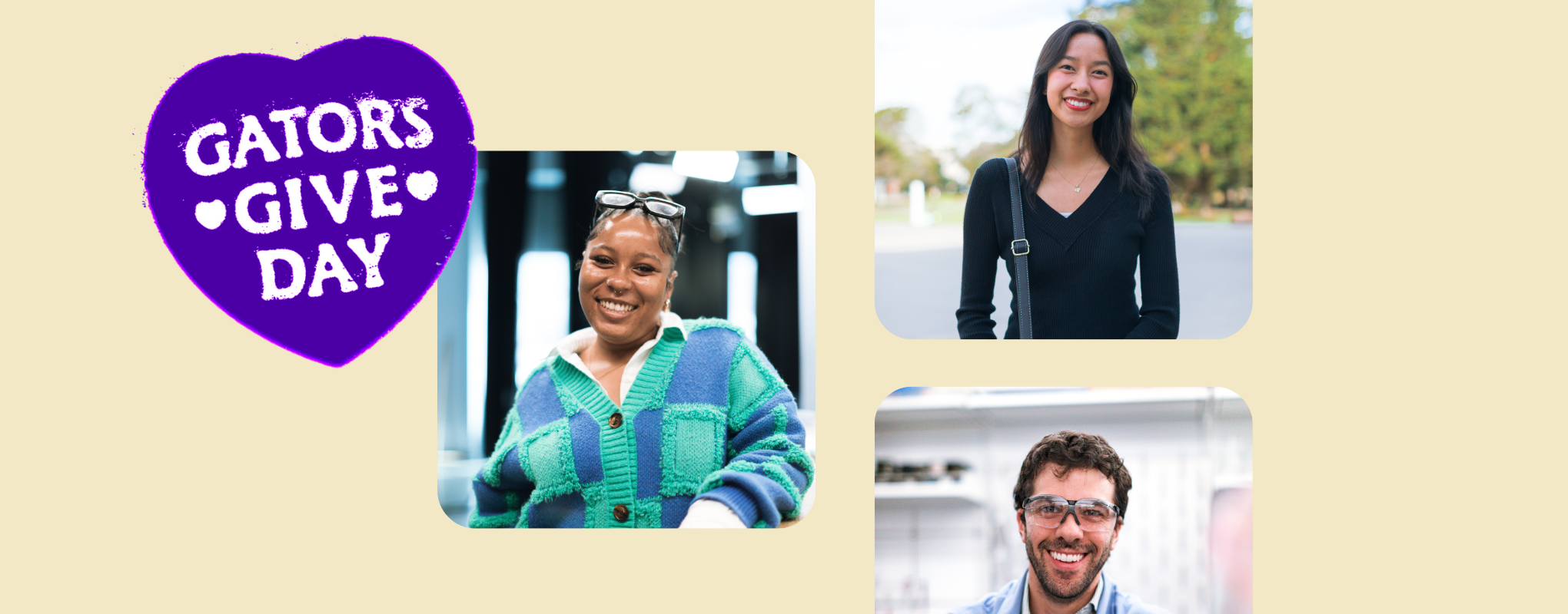 Gators Give Day Promo Image featuring three student headshots