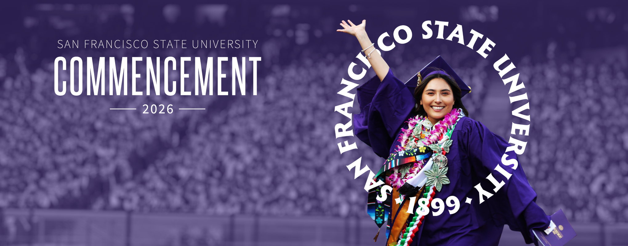 commencement 2026 promo featuring a graduate waving