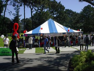 View of the tent with students passing by