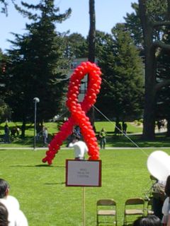 View of the red ribbon made entirely out of red balloons
