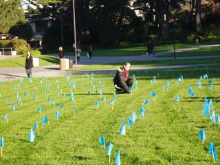 One student planting a blue flag on the lawn