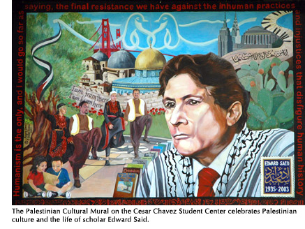 The Palestinian Cultural Mural on the Cesar Chavez Student Center celebrates Palestinian culture and the life of scholar Edward Said