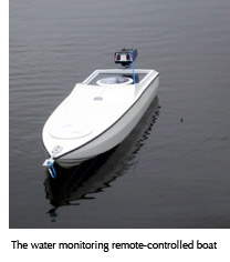 Photo of the remote-controlled boat that is used to monitor the lake water