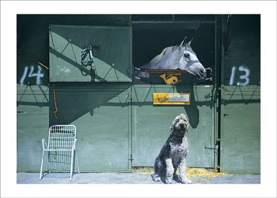 Image of one of the postcoards, featuring "Western Tableau with English Sheepdog (Tucker), a 1990 oil painting by Richard McClean, professor emeritus