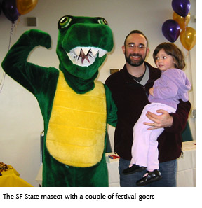 Photo of the SF State mascot with two of the festival attendees