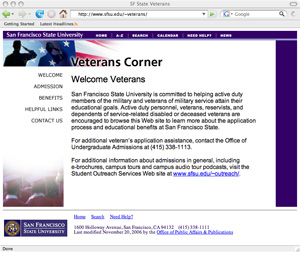 Screen shot of the Veterans Corner Web site