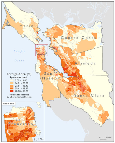 Image of a map showing the percentage of foreign-born residents in six Bay Area counties