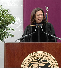 Photo of San Francisco D.A. Kamala Harris speaking at Commencement