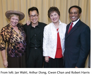 Photo of alumni honorees at the May 25 reception -- from left: Jan Wahl, Arthur Dong, Gwen Chan and Robert L. Harris