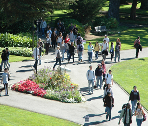 Photo of students outside student center