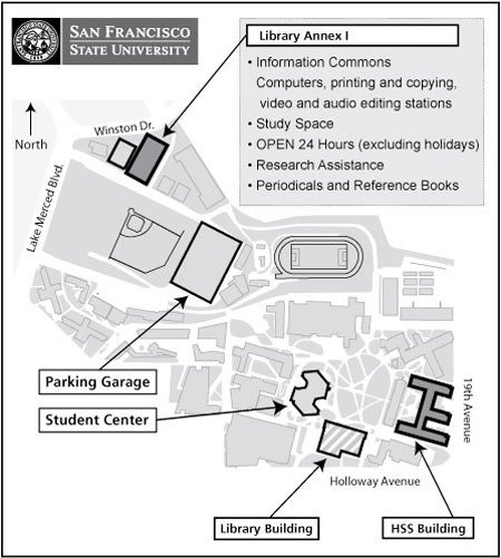 A map of the campus showing the location of Library Annex 1, located on North State Drive, northwest of the main parking garage.