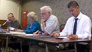 A photograph of scholars taking part in a panel discussion at the disability history conference at San Francisco State. From left: Douglas Baynton from the University of Iowa, Barbara Loomis from SF State, Philip Ferguson from Chapman University and Yoshiya Makita from Boston University and Hitotsubashi University, Tokyo.