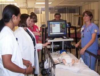 A photo of nursing students with computer controlled infant simulator.