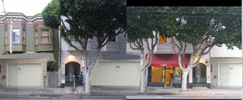 A manipulated photograph projecting what the same section of Hayes Street would look like if each dwelling was required to have one off-road car parking space. The stores and cafes have been changed to garage entrances.