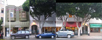 A montage of photographs showing San Francisco's Hayes Valley neighborhood as it is today, depicting apartment buildings that have stores and cafes on the lower level.