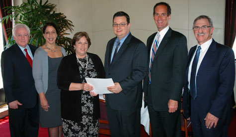 A photo of SF State faculty and administrators accepting the funding pledge from California Masonic Foundation officials.