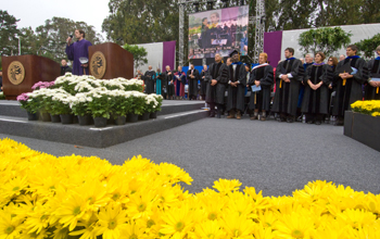 A photo of doctoral degree recipients at graduation