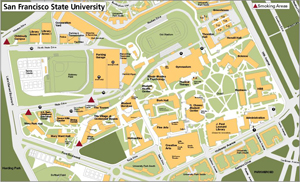 This map of the SF State campus shows designated smoking areas in four locations: the corner of Lake Merced Blvd. and North State Dr.; State Dr. outside Mary Ward Hall; State Drive outside The Towers; and Font Boulevard. outside the Village at Centennial Square.